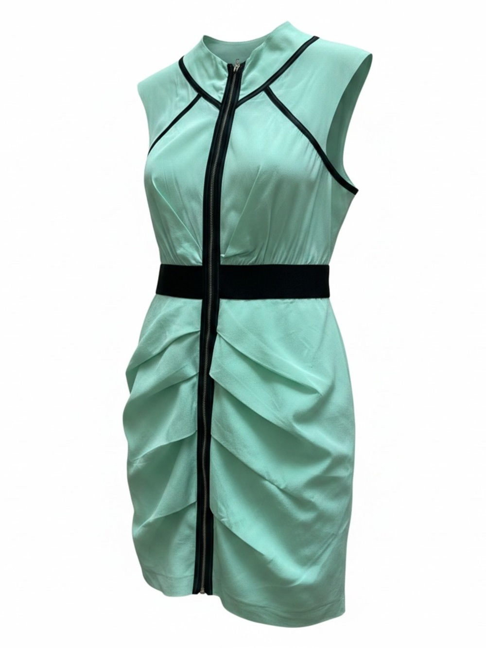 bebe Mint Green Sleeveless Zip-Front Mini Dress with Black Trim